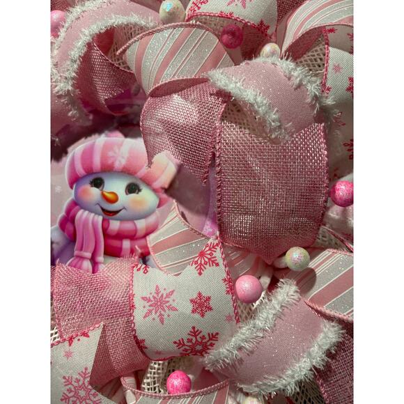 Snowman Wreath, Winter Christmas, Pink and White 22 Inch Deco mesh - Picture 5 of 5